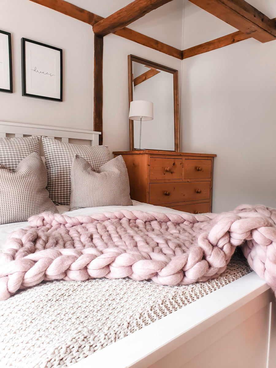 Large Pink Cable Throw Chenille Blanket Chunky Pink Knit Throw The